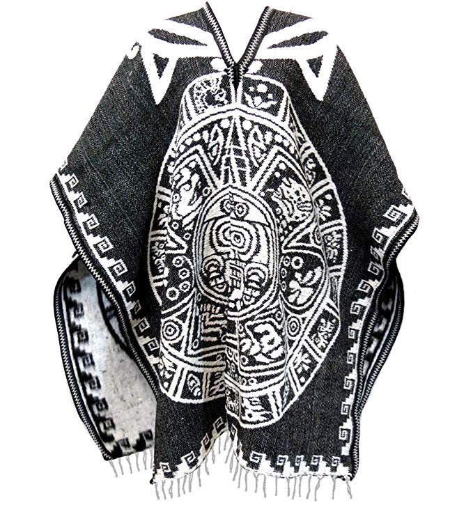 Authentic Mexican Poncho Reversible Cobija Blanket - Aztec Calendar