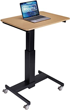 Rocelco 28" Height Adjustable Mobile School Standing Desk | Quick Sit Stand Up Home Computer Workstation | Gas Spring Assist Office Laptop Riser Cart | Wood Grain (R MSD-28), Black