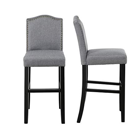 LSSBOUGHT Nailhead Barstools with Solid Wood Legs, Set of 2 (Grey)