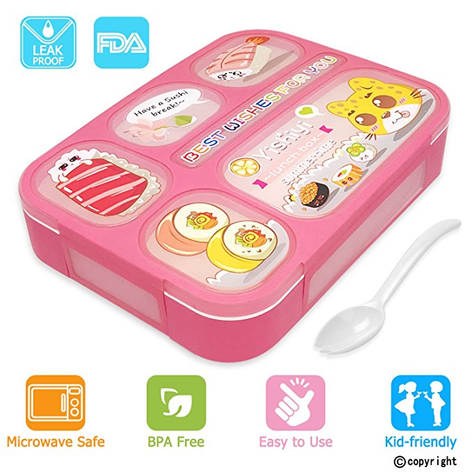 Leakproof Bento Lunch Box for Kids, FIOLOM 5 Compartments Divided Lunch Container Set with Spoon & Fork Cute Microwave Safe Meal Prep Box for Boys Girls Children School