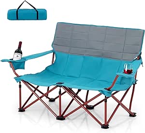 Goplus Double Camping Chair for Adults, Low Outdoor Folding Loveseat Couch Chair w/Cup Holders Thick Padding, Heavy-Duty 2 Person Lawn Chair for Beach Picnic Travel Supports 660 LBS(2-Person Seat)