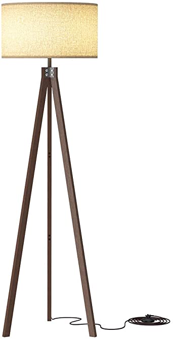 LEPOWER Wood Tripod Floor Lamp, Mid Century Tall Standing Lamp, Vintage Design Studying Light with Solid Wood Legs for Living Room, Bedroom, Study Room and Office, Flaxen Lamp Shade with E26 Lamp Base
