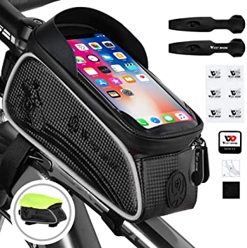 Bicycle Frame Bag, Head Tube Bag Cycling Pouch, Bike Handlebar Bag, Touchscreen for Mobile Phones Frame Pannier Pack, Large Capacity, Waterproof, Storage Bag for Phone Within 6.5 Inches