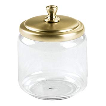 InterDesign York Bathroom Vanity Glass Apothecary Jar for Cotton Balls, Swabs, Cosmetic Pads - Clear/Soft Brass