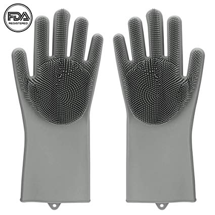 Magic Silicone Cleaning Gloves Dishwashing Scrubber - 1 Pair Reusable Dish Wash Scrubbing Sponge Gloves with Bristles, Great for Washing Dish, Kitchen, Car, Bathroom. (Gray)
