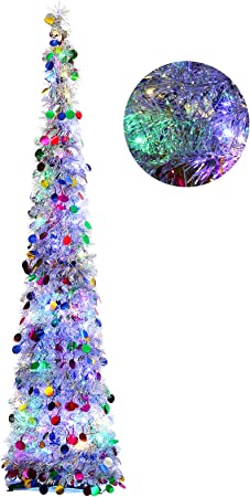Orgrimmar 5FT Artificial Christmas Tree Pop Up Christmas Tree Tinsel Coastal Pencil Tree with 100 Multi-Color LED Lights for Holiday Home Party Decoration (Multi)