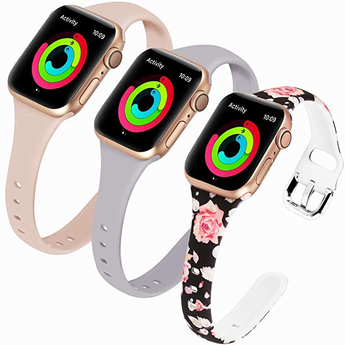 Allbingo Thin Bands Compatible with Apple Watch Band 38mm 40mm 42mm 44mm, Feminine Women Narrow Slim Silicone Replacement Wristbands for iWatch Series 4/3/2/1 (Pink/Flowers/Lavender, 42mm/44mm)