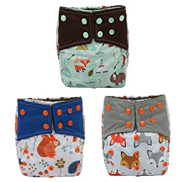 3 AIll in One Night AIO Cloth Diaper Nappy Sewn in Charcoal Bamboo Insert Reusable Washable (Fox Squirrel)