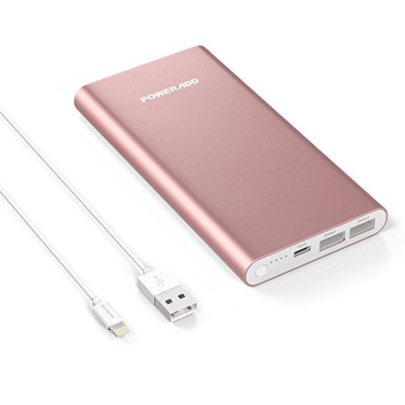 Poweradd Pilot 4GS 12,000mAh External Battery Charger with High-Speed Output（3A 3A） for iPhone 8/ 8 Plus/ X/ 7/ 6s, iPad and Samsung Galaxy S8/ S7/ S6 and More - Rose Gold (Apple Cable Included)