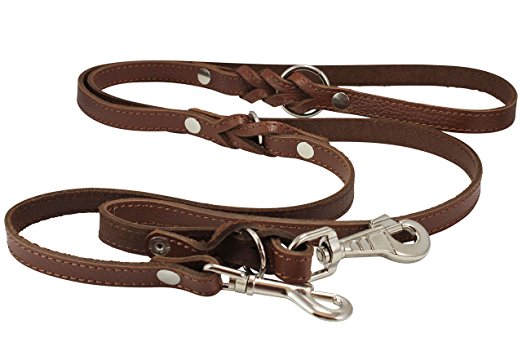 6 Way European Multifunctional Leather Dog Leash Braided, Adjustable Schutzhund Lead Brown 42"-84" Long, 3/4" Wide (18 Mm)