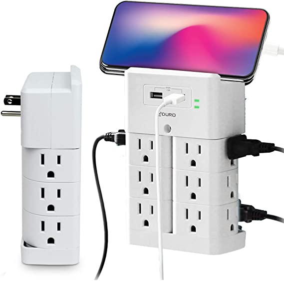 Aduro Surge Protector 12 Outlet Power Strip with USB (2 Ports 2.4A) Wall Mount Multiple Outlet Splitter Extender Adapter with Phone Shelf Stand White