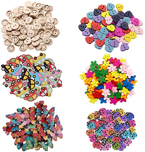 Assorted Button Craft Kit, Cute Wood Butterfly Car Heart Ladybug Flower Decorative Cartoon Buttons with 2 Holes for Kids Clothes Knitting and Craft Scrapbooking DIY Cardmaking - 350 Pcs