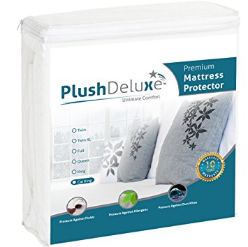 Cal King Premium 100% Waterproof Mattress Protector Hypoallergenic, Vinyl Free, Breathable Soft Cotton Terry Surface - 10 Year Warranty From PlushDeluxe