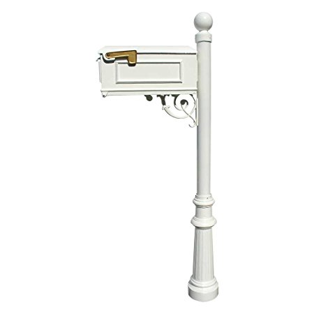 Qualarc Lewiston Cast Aluminum Post Mount Mailbox System with Post,  Aluminum Mailbox, Fluted Base and Ball Finial, White, Ships in 2 boxes