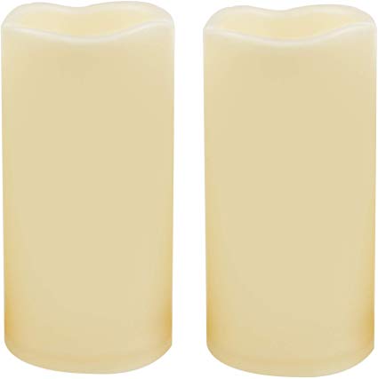 2 Waterproof Outdoor Battery Operated Flameless LED Pillar Candles with Timer Flickering Plastic Resin Electric Decorative Light for Lantern Patio Garden Home Decor Party Wedding Decoration 3x6 Inches