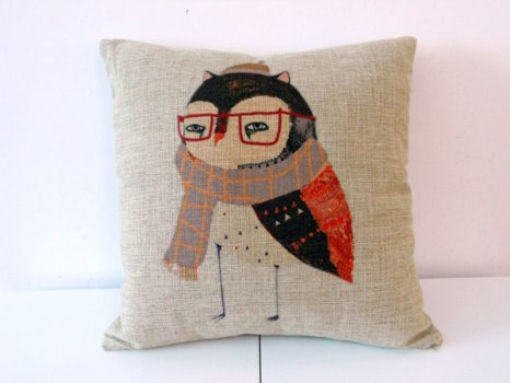 Decorbox Cotton Linen Square Throw Pillow Case Decorative Cushion Cover Pillowcase for Sofa Cute Cartoon Owl with Glasses 18 X18