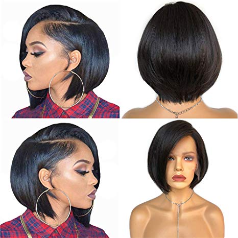 Kadoyee 10A Short Bob Human Hair Lace Front Wig 13x4 Brazilian Virgin Glueless Silk Straight Hair Wigs with Baby Hair for Black Women Natural Color 150% Density 10Inch