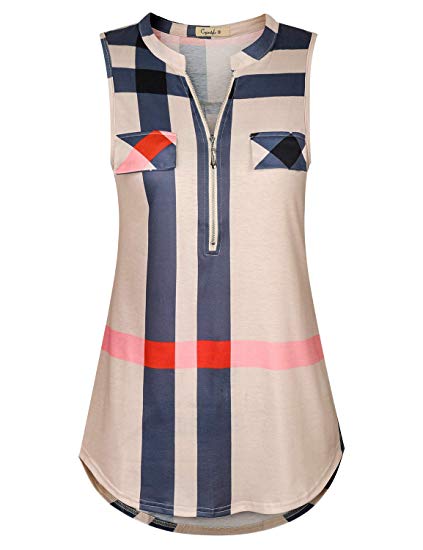 Cyanstyle Women's V Neck Zip Up Casual Tank Top Flaps at Chest Sleeveless Tunic