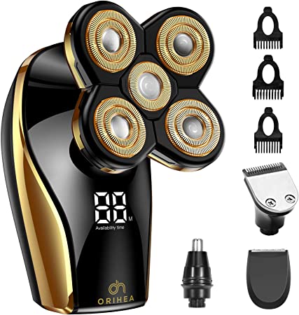 Head Shavers for Bald Men-OriHea Electric Razor for Men with LED Display, Faster Charging 5D Floating Waterproof Electric Shaver for Men with Hair Clippers,Nose Hair Trimmer - Gold