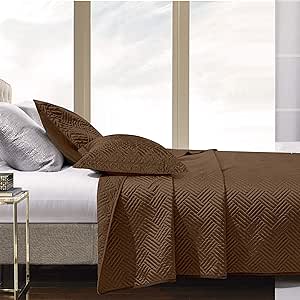 NTBAY 3 Pieces Silk Satin 106x92 King Quilt Set, Geometric Pattern Bedspread Luxury Quilted Coverlet Set for All Seasons(1 Quilt, 2 Pillow Shams), Brown