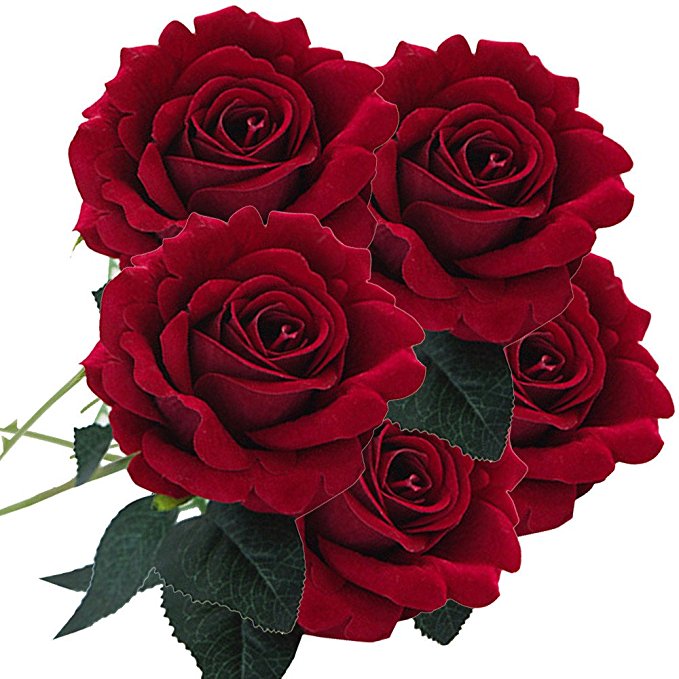 Kinghard 5 Pcs Artificial Silk Fake Flowers Rose Flower Wedding Bouquet Party Home Decor (Dark Red)