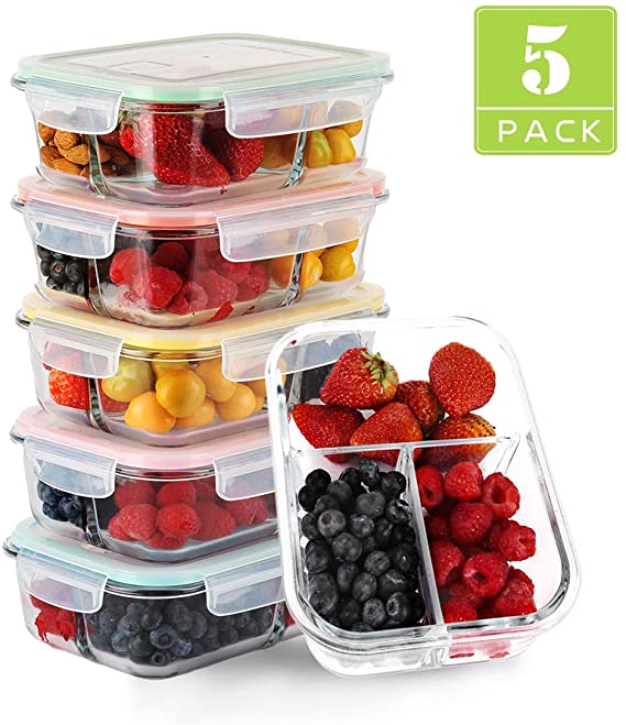 【5Pack, 34OZ】- Glass Meal Prep Containers 3 Compartment, Glass Food Container with Lids, Bento Box, Airtight Glass Lunch Containers, Microwave, Oven, Freezer, Dishwasher Safe (5 lids & 5 Containers)