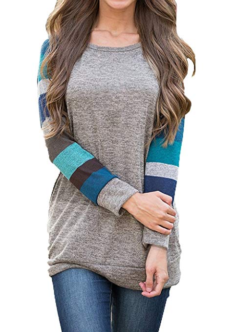 Hiistandd Women Tops Striped Sleeve Pullover Casual Round Neck Blouse Shirt