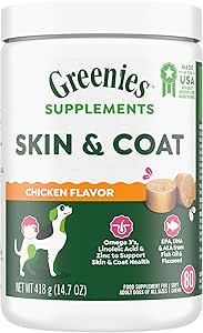 Greenies Supplements Dog Skin and Coat Supplements with Fish Oil & Omega 3 Fatty Acids, Chicken Flavor, 80 Count Soft Chews, 14.7 oz.