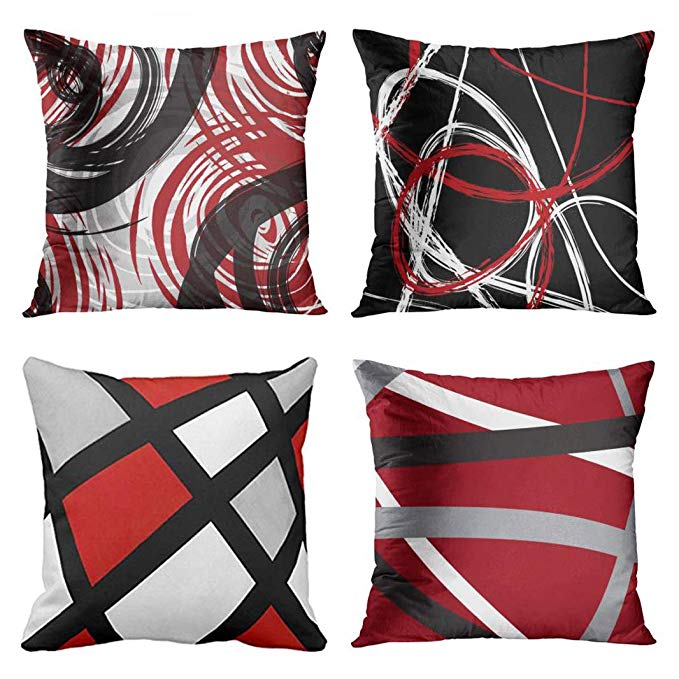 Emvency Set of 4 Throw Pillow Covers Red and Black White Gray Pattern Retro Abstract Stripes Spiral Decorative Pillow Cases Home Decor Square 18x18 Inches Pillowcases