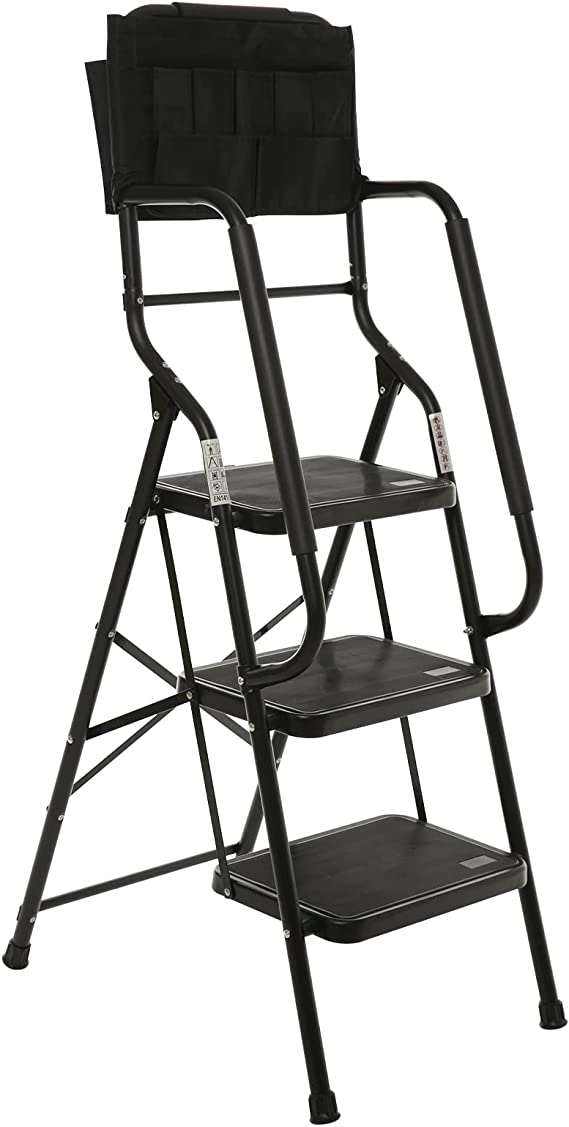 WiberWi 3 Step Ladder with Handrails 500 lb Capacity Step Stool Folding Ladders for Home Kitchen Steel Frame with Safety Side Handrails Non-Slip Wide Pedal Stepladder with Attachable Tool Bag Black