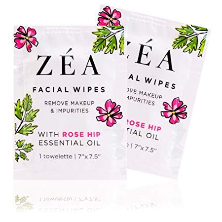 ZEA Facial Wipes | Infused With Rose Hip Essential Oil | Alcohol and Paraben Free | 50 Convenient On-The-Go Packets