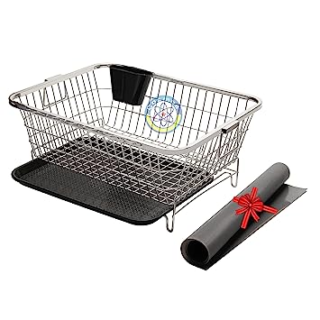 Cosmos Stainless Steel Rectangle Dish Drainer Rack/Basket with Drip Tray & Anti Skid Mat, Dish Rack, Kitchen Rack, 18X15X10 inches (LXWXH), Size-Small, Silver (TDDSQ1) (Small 18x15)