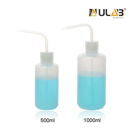 ULAB Safety Wash Bottle Set, Narrow-Mouth, 2 Sizes Vol.500ml 1000ml, LDPE Bottle with PP Draw Tube, UWB1012