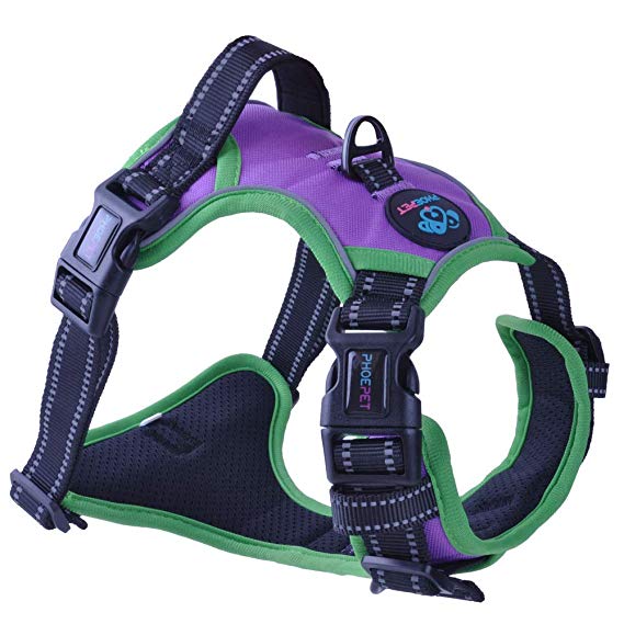 PHOEPET 2019 Upgraded No Pull Dog Harness, Unique Colors 3M Reflective Adjustable Vest, with a Training Handle   2 Metal Leash Hooks  3 Snap Buckles  4 Slide Buckles [Easy to Put on & Take Off]