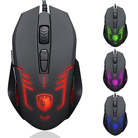 SADES S6 Cataclysm USB PC Gaming Mouse Mice 2500 DPI Omron Micro Switches with 4 Colours LED Lights Braided Cable(Black)