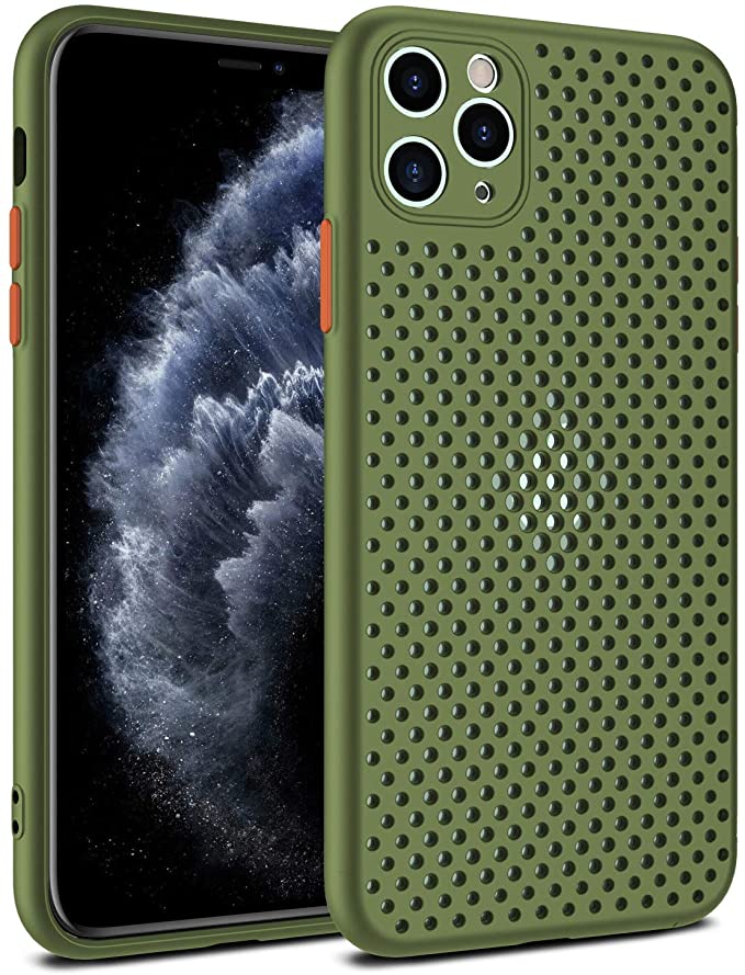 Heat Dissipation Phone Case, New Breathable Hollow Cellular Hole Heat Dissipation Case Full Back Camera Lens Protection Ultra Slim TPU Case Cover (Army Green, Compatible with iPhone 12 Pro Max)