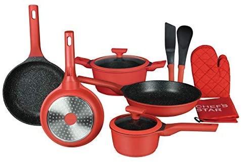 Pots and Pans Non Stick Cookware Set; Best Skillet Pan for Cooking and Saute; Professional Grade Die Cast Aluminum, Set of 12, Red by Chef's Star