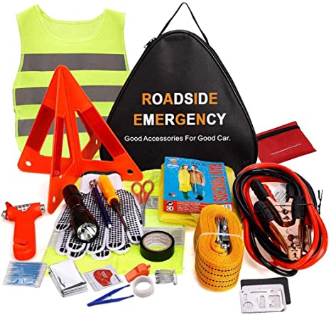 Sailnovo Car Roadside Emergency Kit, Auto Vehicle Truck Safety Emergency Road Side Assistance Kits with Jumper Cables, First Aid Kit, Tow Rope, Reflective Warning Triangle, Tire Pressure Gauge, etc