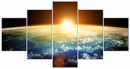 Pyradecor the Earth 5 Panels Modern Seascape Artwork Giclee Canvas Prints on Stretched and Framed Canvas Wall Art Ready to Hang for Home Decor