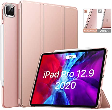 MoKo Case Fit iPad Pro 12.9 4th Generation 2020 & 2018 [Support Apple Pencil Charging] Slim Lightweight Translucent Frosted Back Shell Protective Smart Cover Case - Rose Gold(Auto Wake/Sleep)