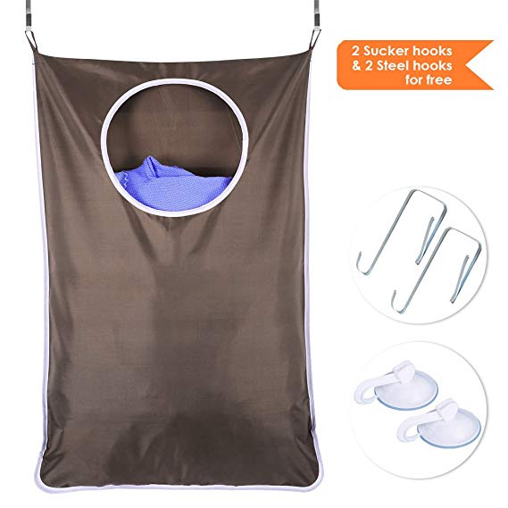 BESEGO Door-Hanging Laundry Hamper Bag with Free 2 PCs Adjustable Stainless Steel Door Hooks and 2 PCs Suction Cup Hooks, Best Choice for Holding Dirty Clothes and Saving Space (Coffee)