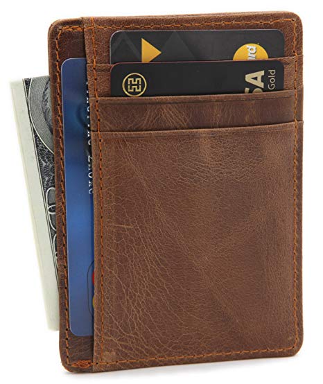 DEEZOMO RFID Blocking Genuine Leather Credit Card Holder Front Pocket Wallet With ID Card Window
