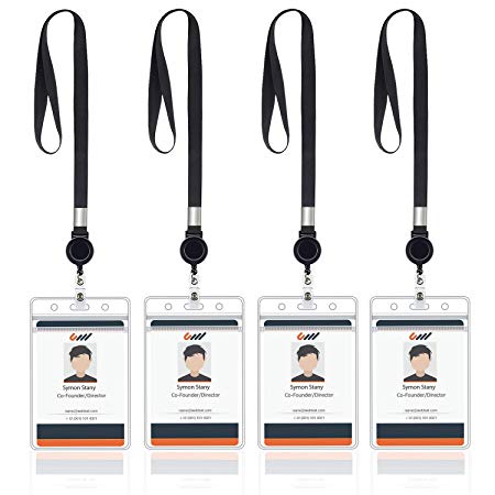 JPSOR Lanyard with ID Holder Sets - 4 Set of Lanyard with Retractable Badge Reel and ID Card Holder, Black (A)