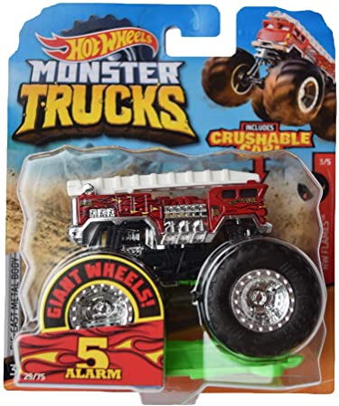 Hot Wheels Monster Trucks 1:64 Scale 5 Alarm 29/75 Includes Crushable Car, red with White Ladder