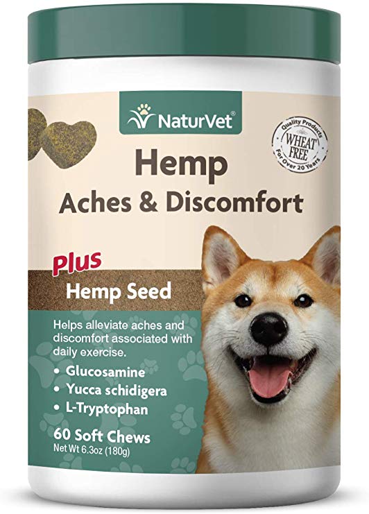 NaturVet – Hemp Aches & Discomfort For Dogs - Plus Hemp Seed – 60 Soft Chews – Helps Alleviate Aches & Discomforts – Enhanced With Glucosamine, Yucca Schidigera & L-Tryptophan