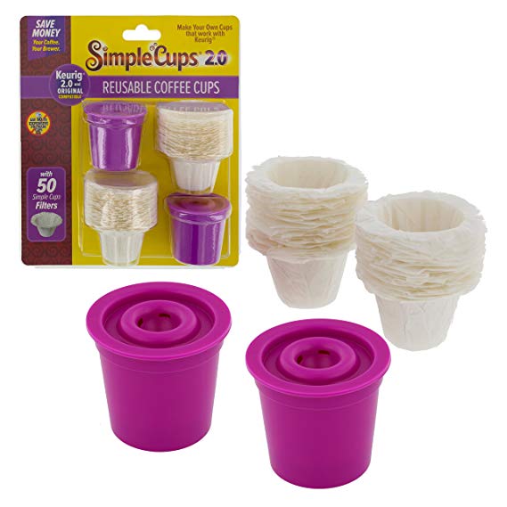 Simple Cups Reusable 2.0 Coffee Cups (Set of 2) with 50 Filters - Compatible with Keurig Original and 2.0 Models