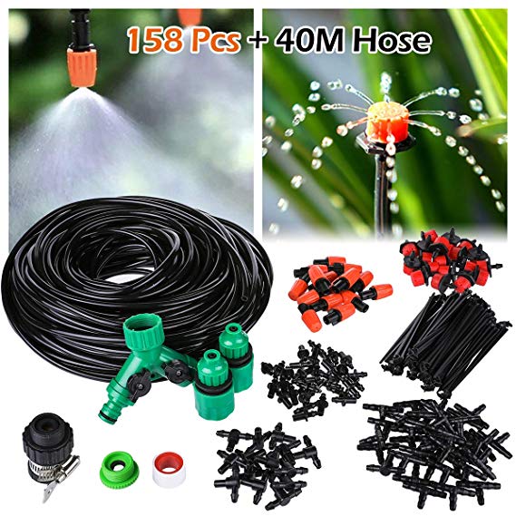 OUTERDO 40M Micro Drip Irrigation Kit,Patio Plant Watering Kit Garden Mist Cooling Irrigation System Automatic Micro Flow Drip Watering System with Distribution Tubing Hose Adjustable Nozzles (Type 2)