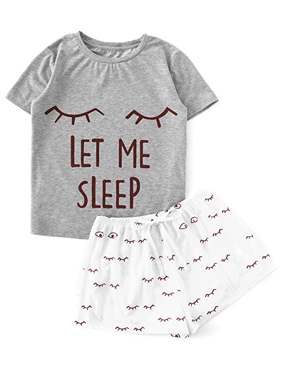 WDIRA Women's Sleepwear Closed Eyes Print Tee and Shorts Pajama Set