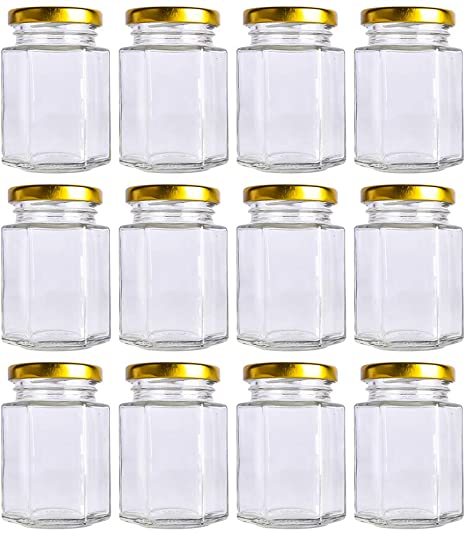 12 Pack 4 oz 120 ml Hexagon Mini Glass Canning Jars,Jam Jars for Honey,Candies,Baby Foods,DIY Spice Jars（Comes with Gold lids）