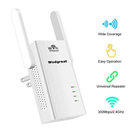 WiFi Range Extender, Wodgreat 300Mbps Wireless Internet Signal Booster Wi-Fi Repeater with High Gain Dual External Antennas WLAN Blast Adapter, 2.4GHz Network, Easy Setup